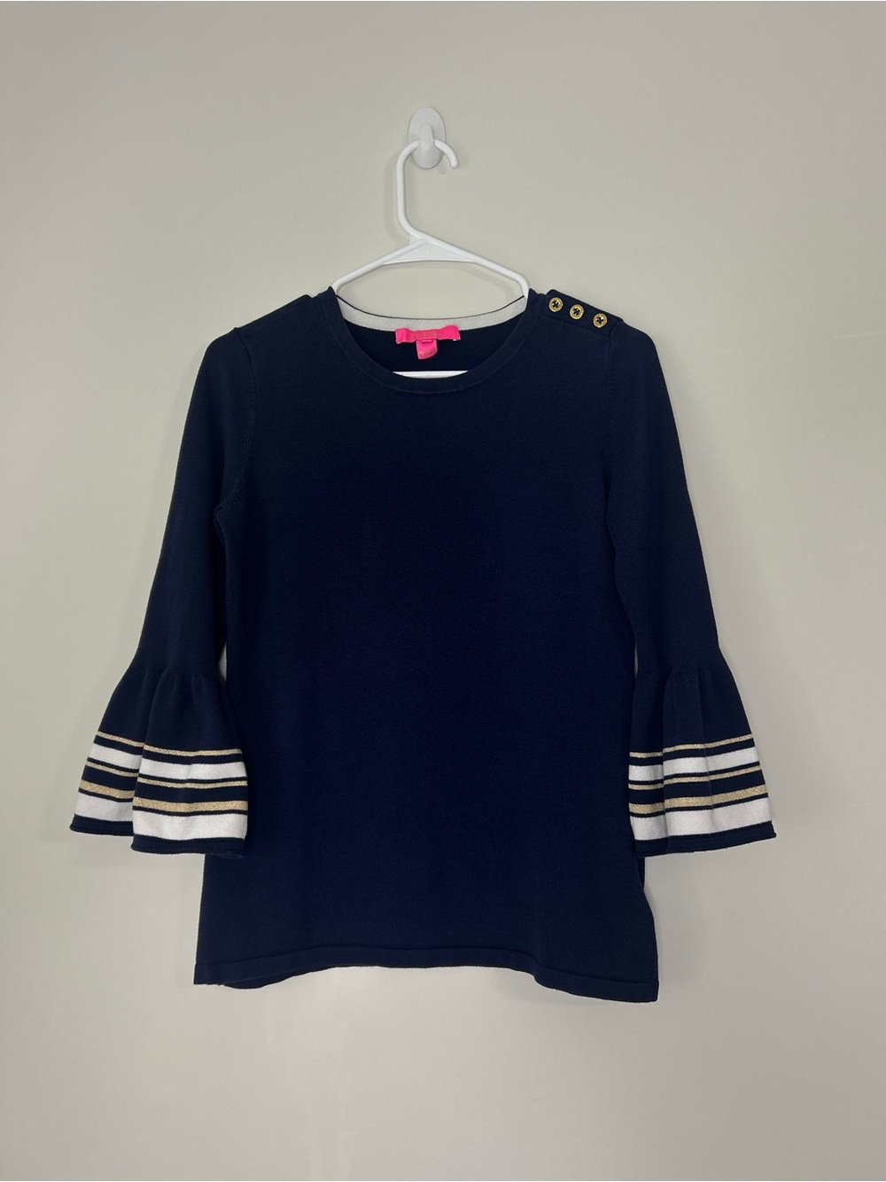 Lilly Pulitzer Callee Sweater Womens S Navy Blue Bell Sleeve Nautical Striped